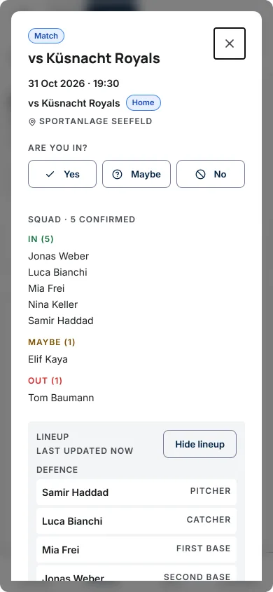 The game sheet for a baseball game: five in, one maybe, one out, and the lineup under Defence with pitcher, catcher and first base