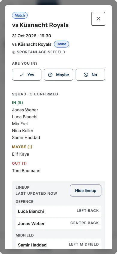 The game sheet for a field hockey match: five in, one maybe, one out, and the lineup under Defence and Midfield with left back, centre back and left midfield