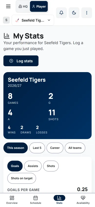 My Stats for a field hockey player: 8 games, 2 G, 4 A and 11 shots, with Goals, Assists and Shots buttons below