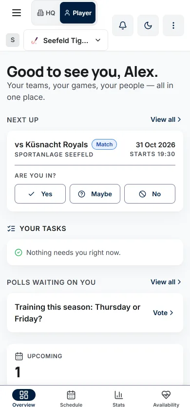 The home screen with the next game against Küsnacht Royals and the Yes, Maybe and No buttons for a floorball team