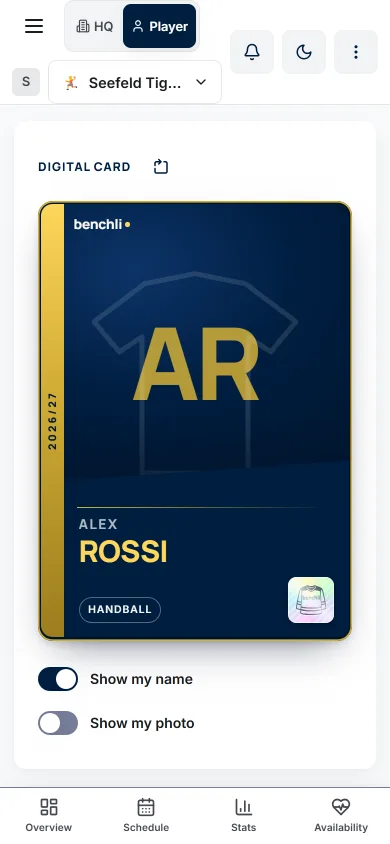 Alex Rossi's digital player card with the HANDBALL tag and switches for showing the name and the photo