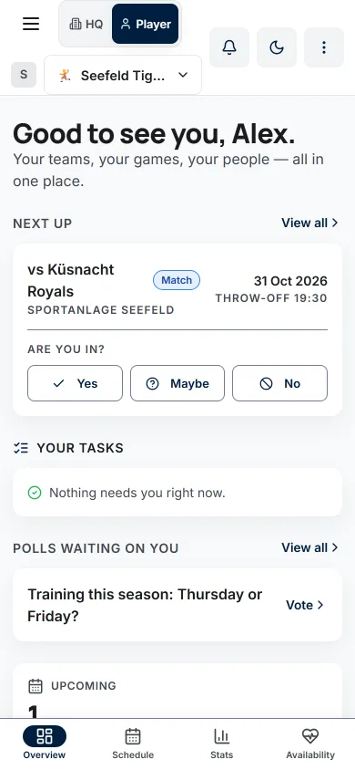 The home screen with the next game against Küsnacht Royals, throw-off 19:30, and the Yes, Maybe and No buttons