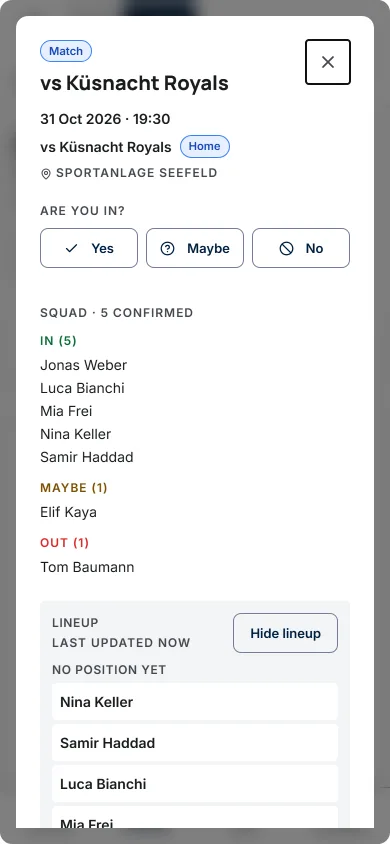 The game sheet for a korfball match: five in, one maybe, one out, and a lineup list under No position yet
