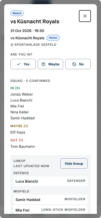 The game sheet for a lacrosse game: five in, one maybe, one out, and the lineup with defender, midfielder and long-stick midfielder