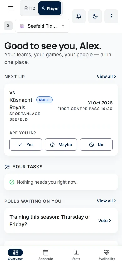 The home screen with the next game against Küsnacht Royals, first centre pass 19:30, and the Yes, Maybe and No buttons