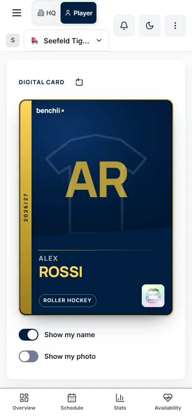 Alex Rossi's digital player card with the ROLLER HOCKEY tag and switches for showing the name and the photo