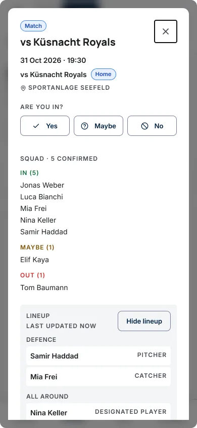 The game sheet for a softball game: five in, one maybe, one out, and the lineup with pitcher, catcher and designated player