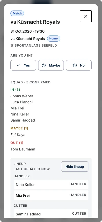 The game sheet for an ultimate frisbee game: five in, one maybe, one out, and the lineup under Handler and Cutter